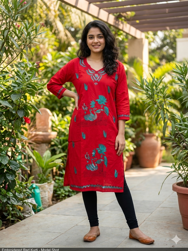 Stitched Kurti on Kantha Work — Red 05